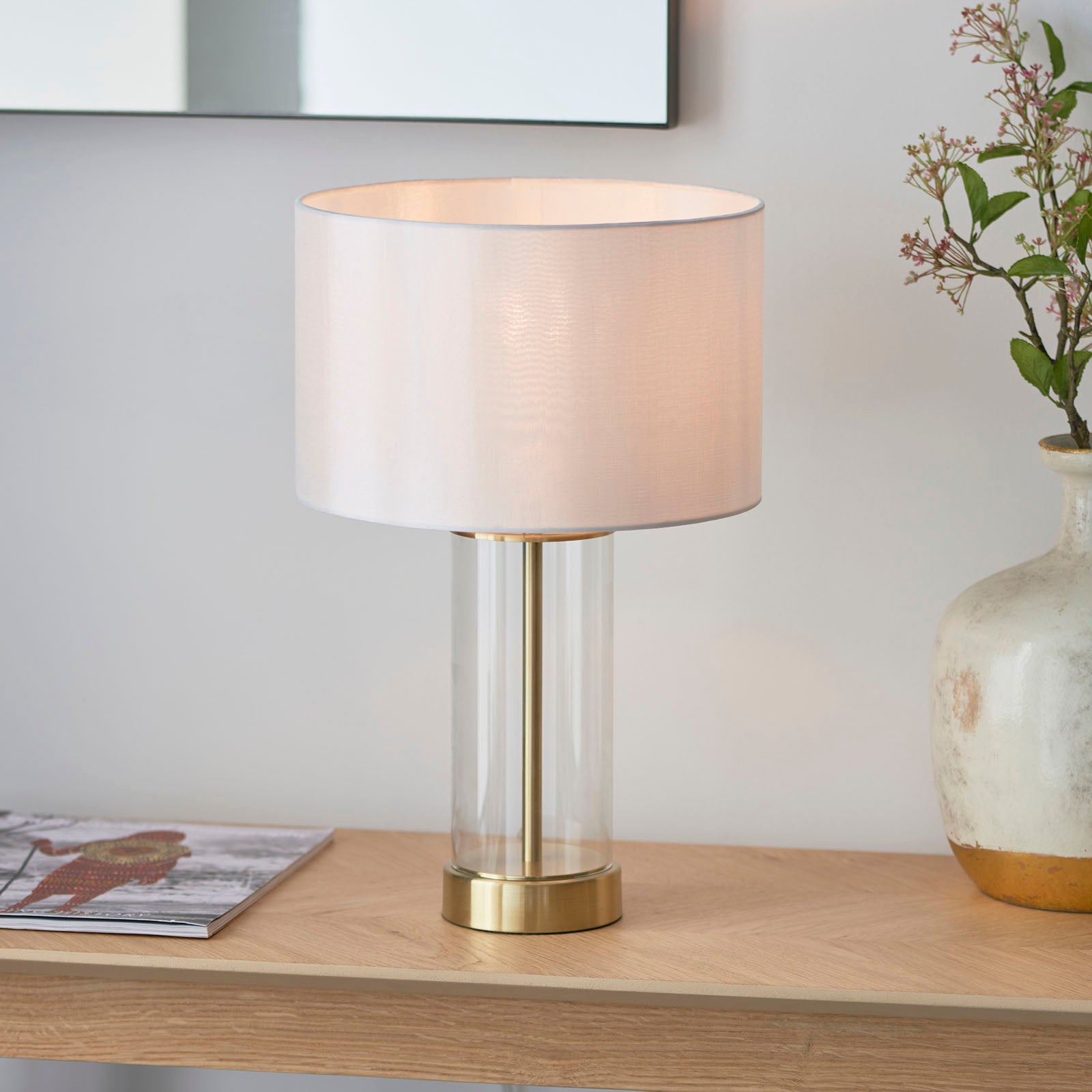 Lessina 1-Light Dimmable Table Lamp with Clear Glass Base & White Shade (Brushed Gold)