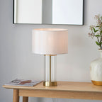 Lessina 1-Light Dimmable Table Lamp with Clear Glass Base & White Shade (Brushed Gold)