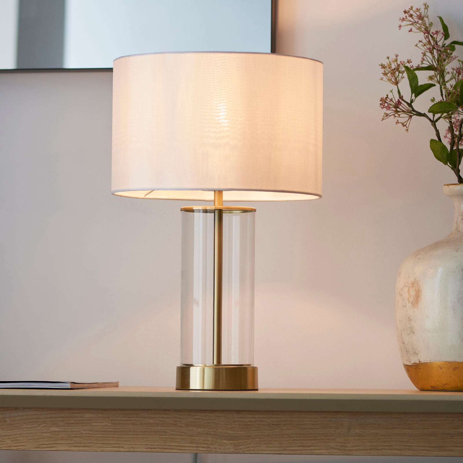 Lessina 1-Light Dimmable Table Lamp with Clear Glass Base & White Shade (Brushed Gold)