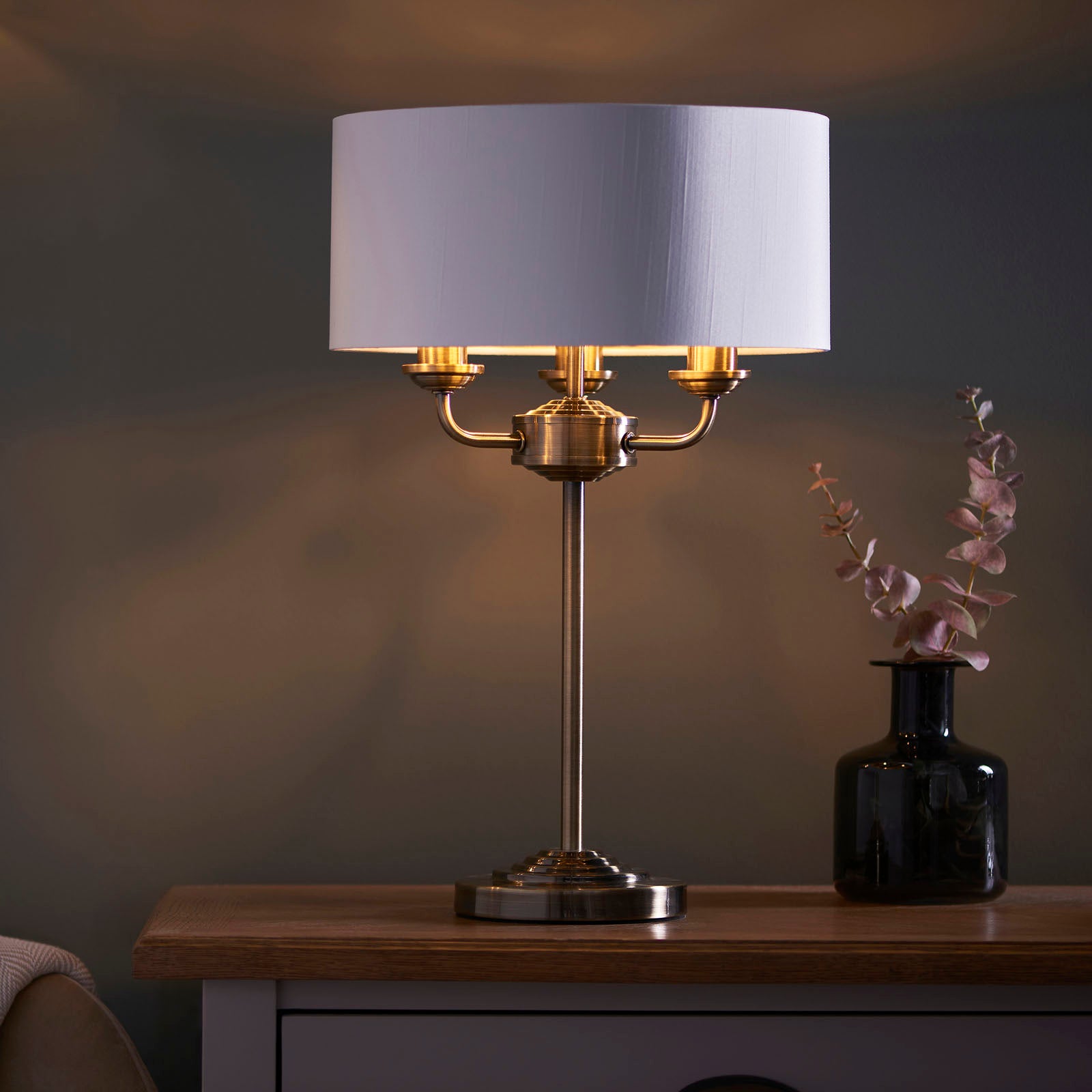 Highclere Antique Brass 3-Light Table Lamp with Vintage White Shade