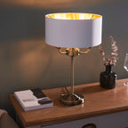 Highclere Antique Brass 3-Light Table Lamp with Vintage White Shade
