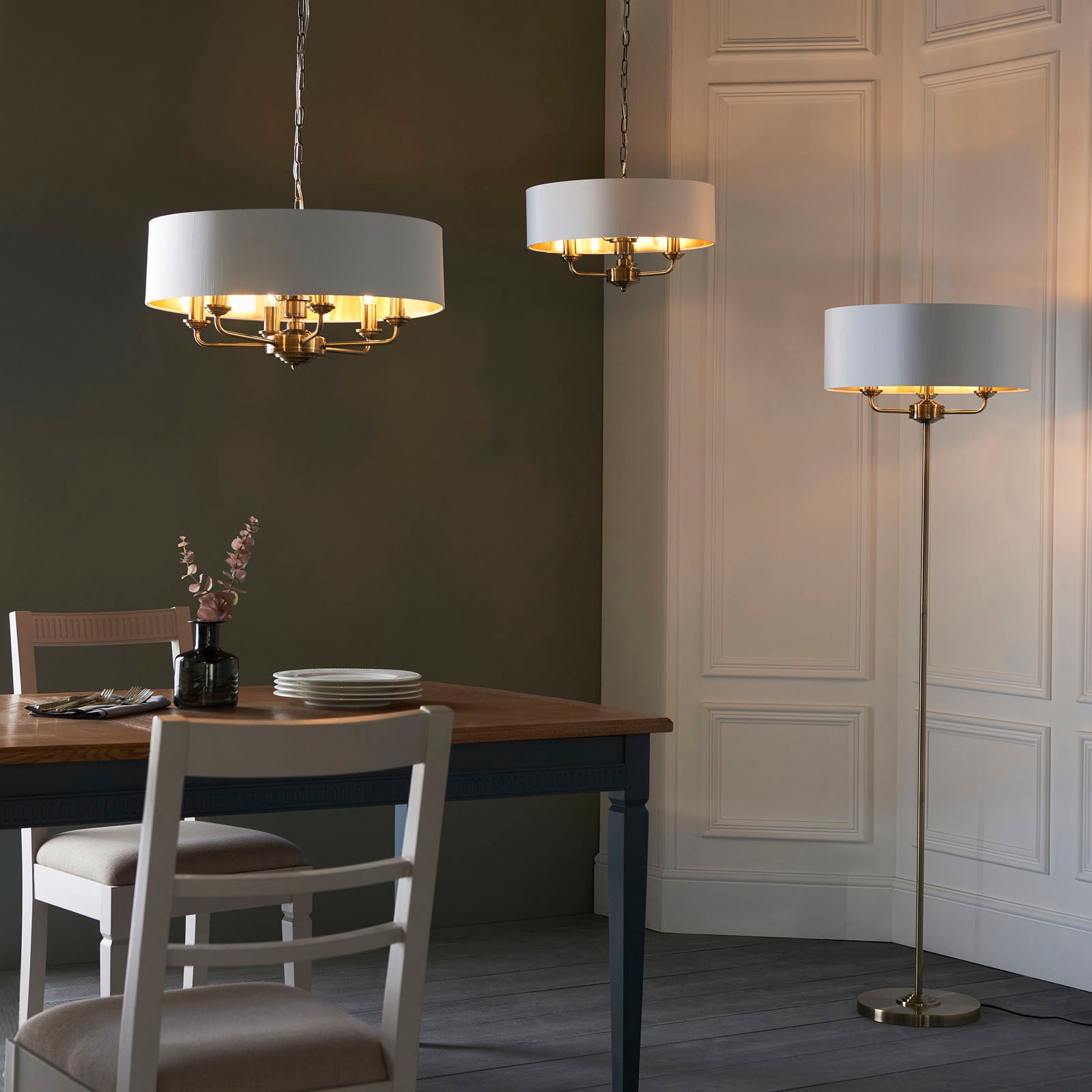 Highclere Antique Brass 3-Light Table Lamp with Vintage White Shade