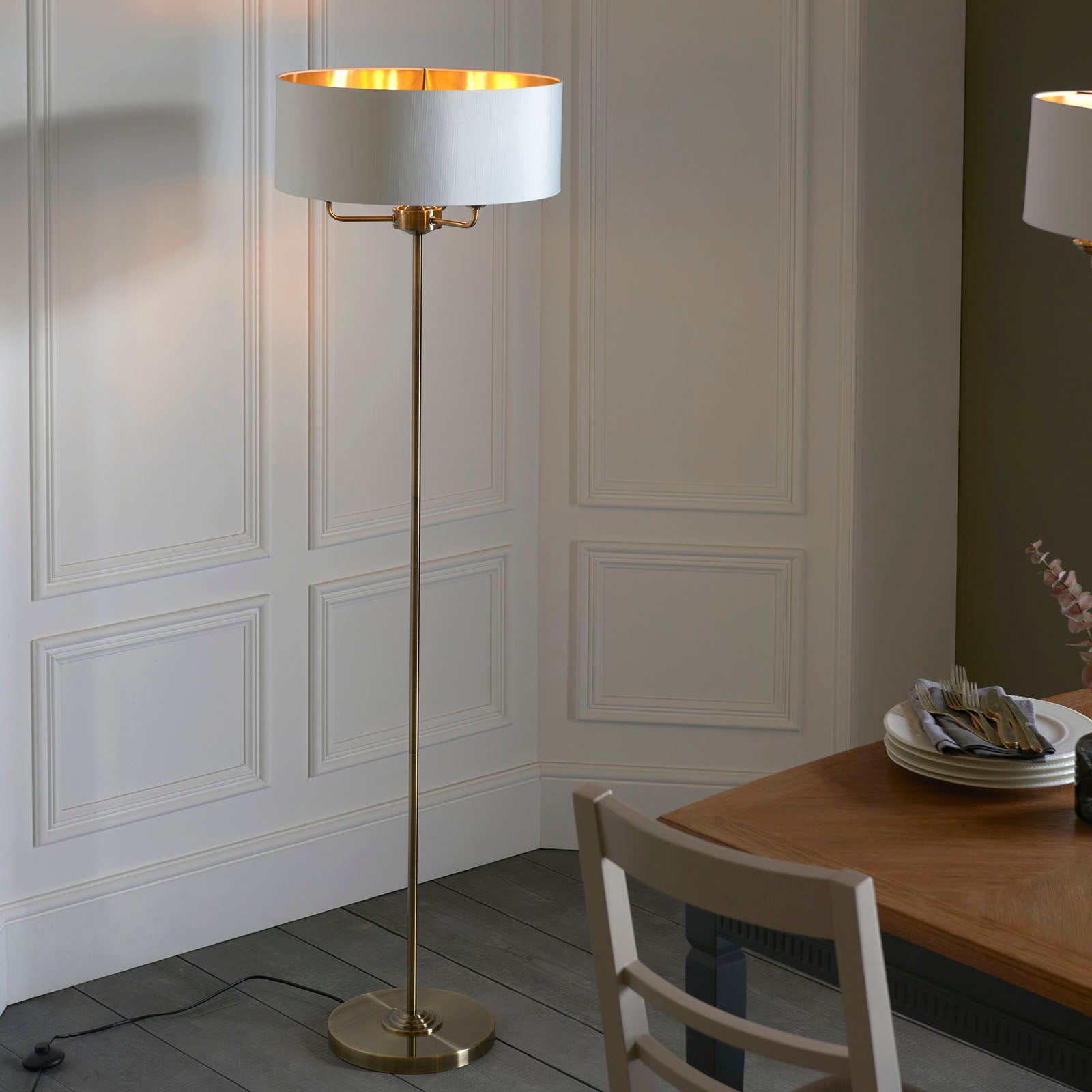 Highclere Antique Brass 3-Light Table Lamp with Vintage White Shade
