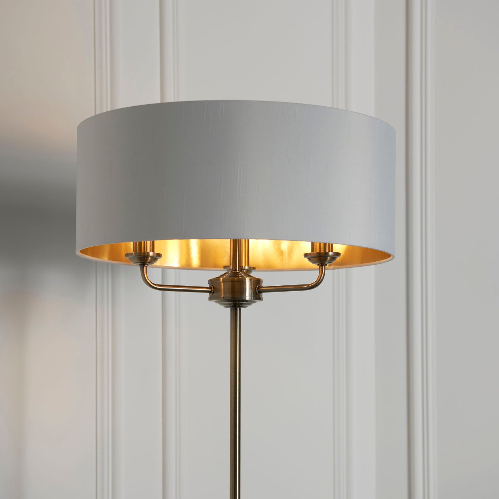 Highclere Antique Brass 3-Light Table Lamp with Vintage White Shade