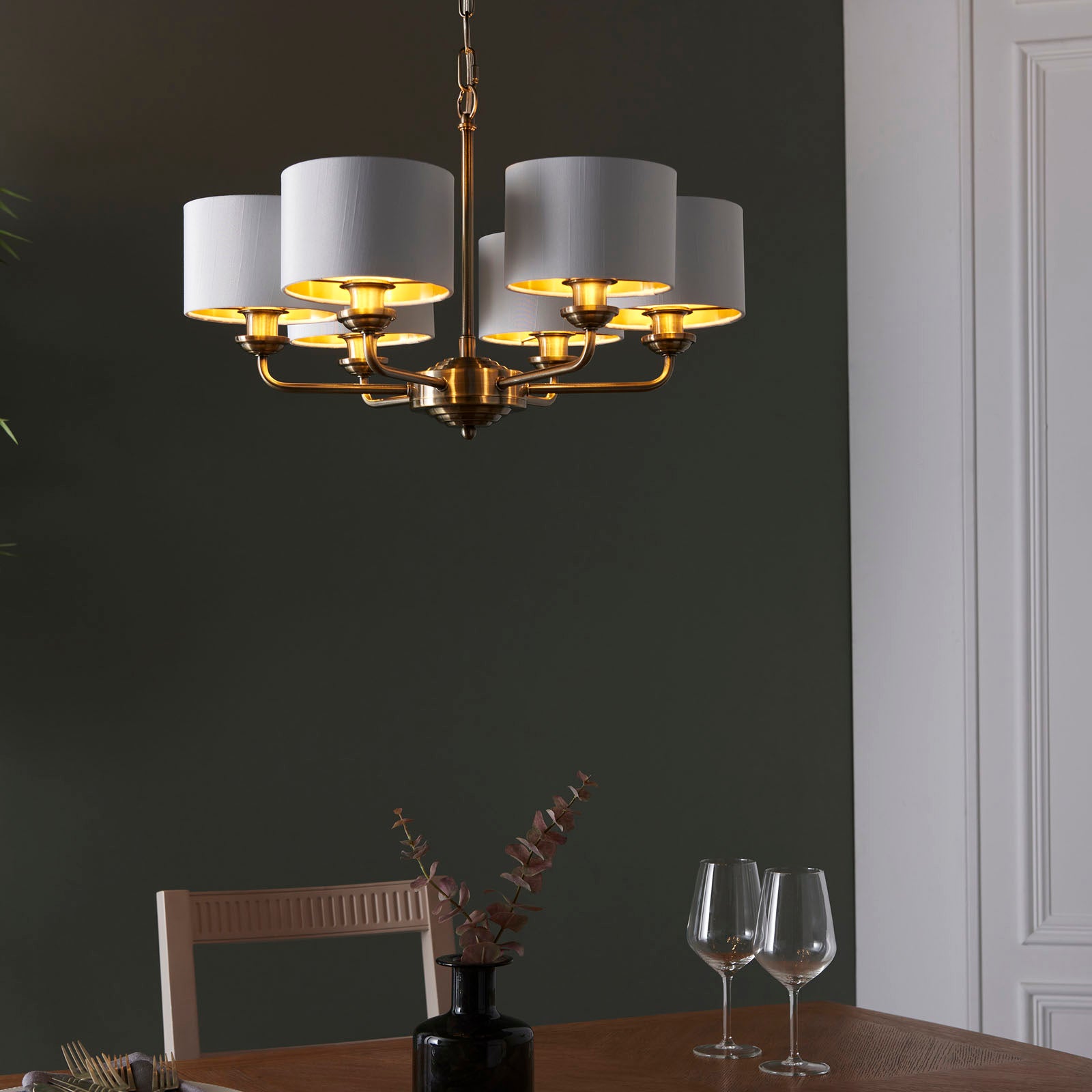 Highclere Antique Brass 6-Light Pendant Light with Vintage White Shades