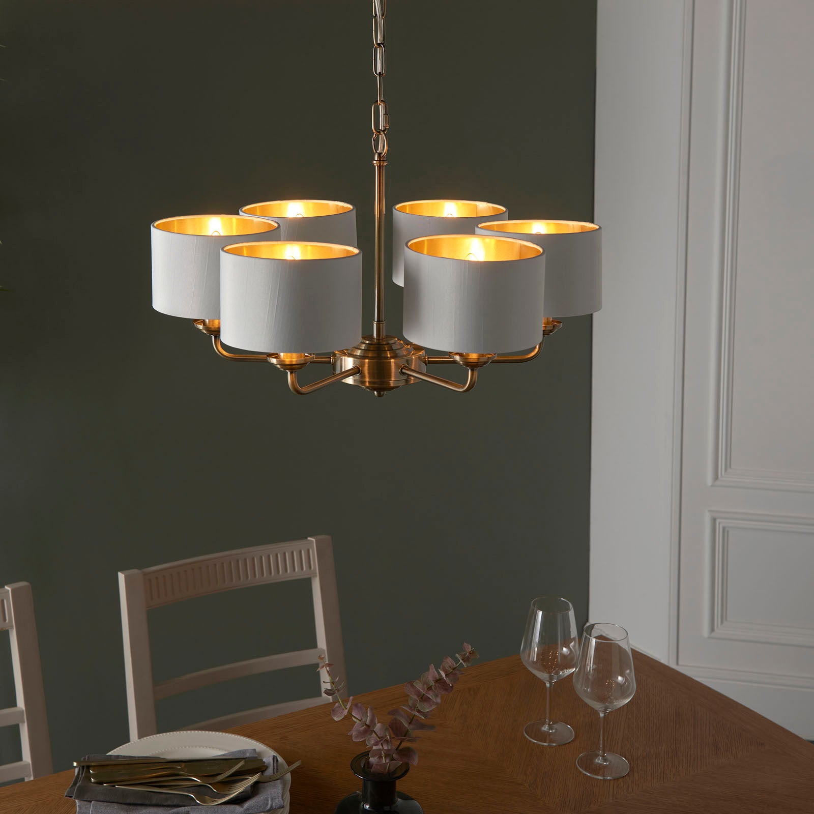 Highclere Antique Brass 6-Light Pendant Light with Vintage White Shades