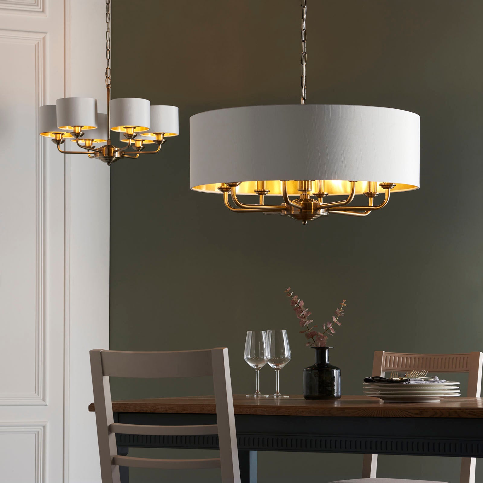 Highclere Antique Brass 8-Light Pendant Light with Vintage White Shades