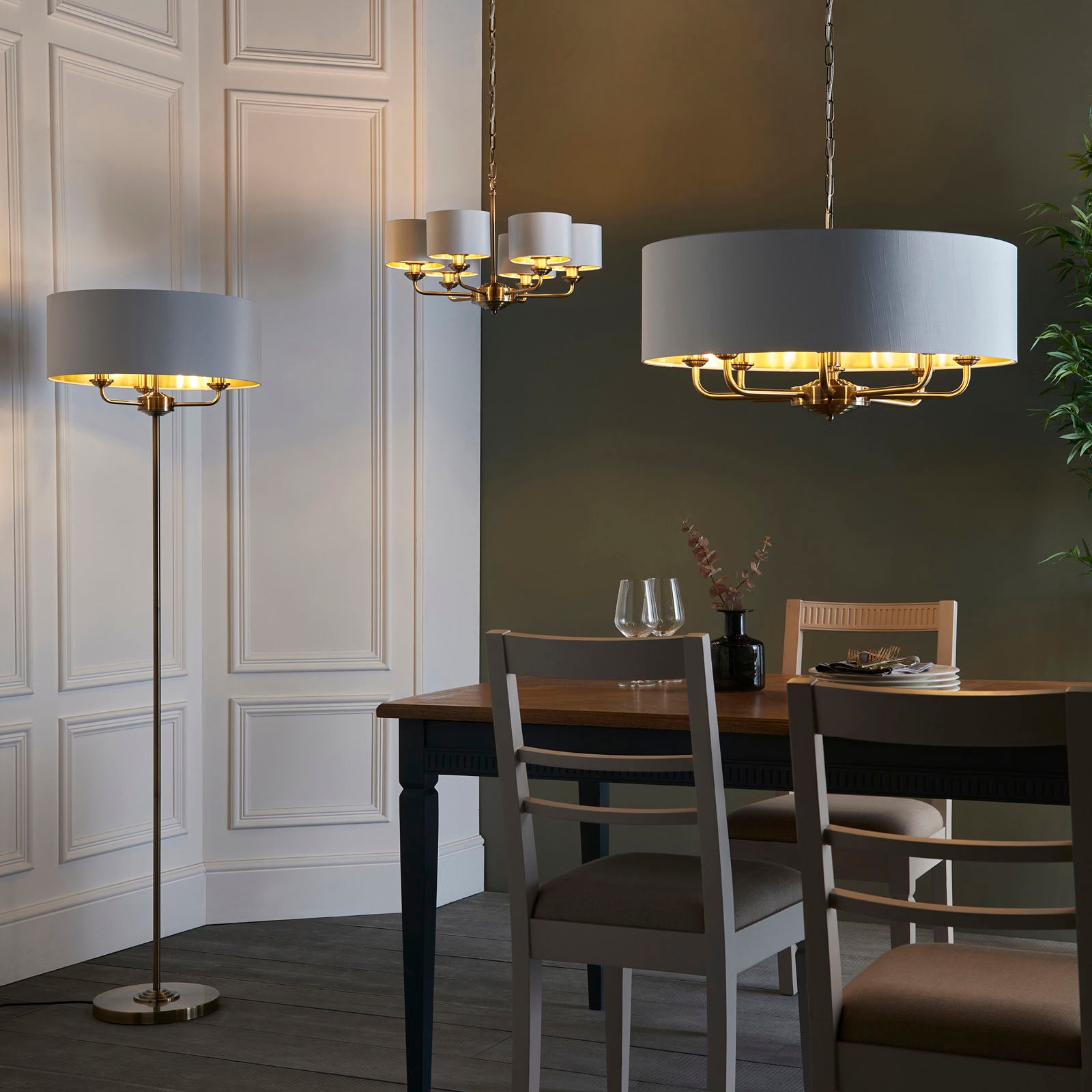 Highclere Antique Brass 8-Light Pendant Light with Vintage White Shades