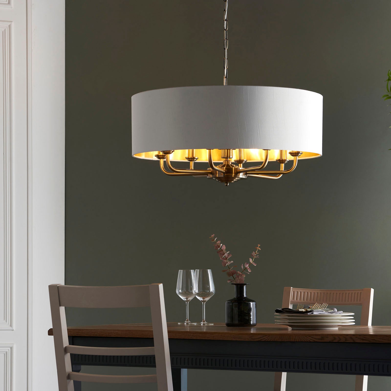 Highclere Antique Brass 8-Light Pendant Light with Vintage White Shades