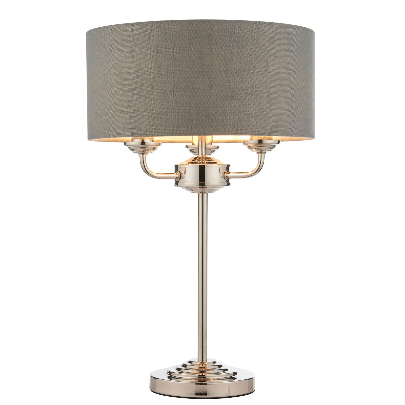 Highclere Bright Nickel 3-Light Table Lamp with Charcoal Linen Shade