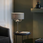 Highclere Bright Nickel 3-Light Table Lamp with Charcoal Linen Shade