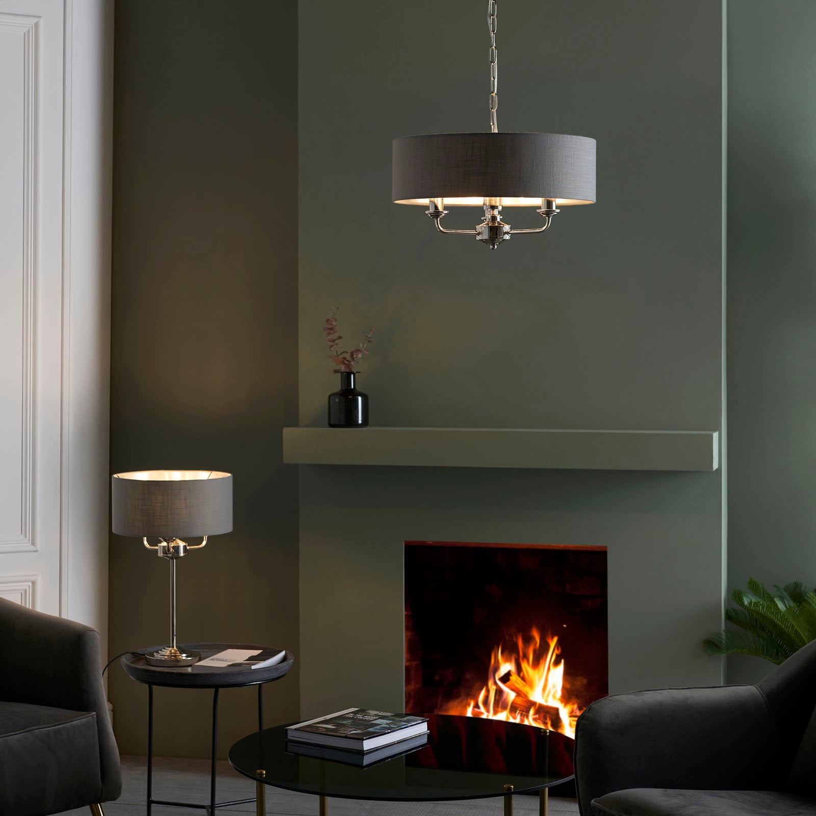 Highclere Bright Nickel 3-Light Table Lamp with Charcoal Linen Shade