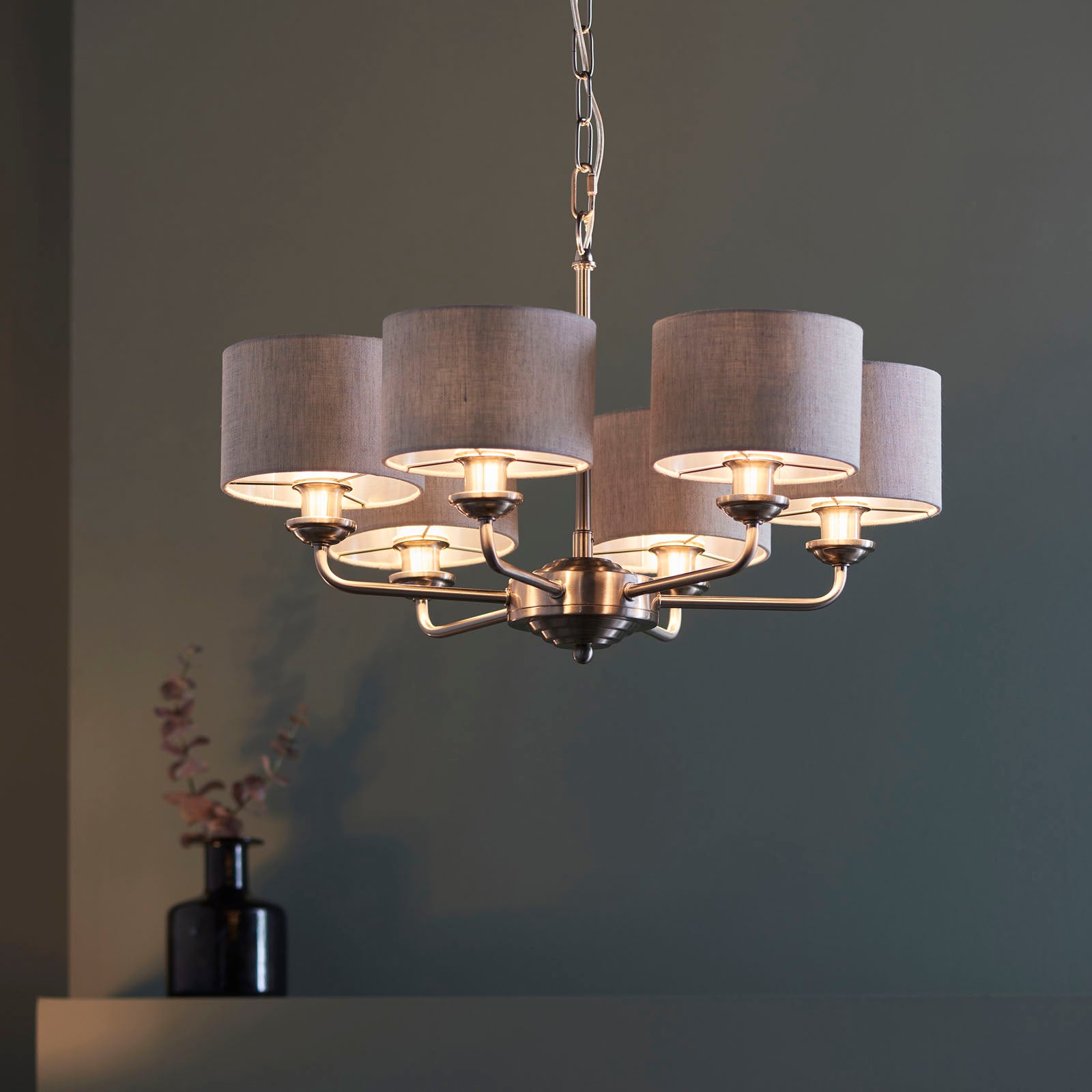 Highclere Brushed Chrome 6-Light Pendant Light with Natural Linen Shades