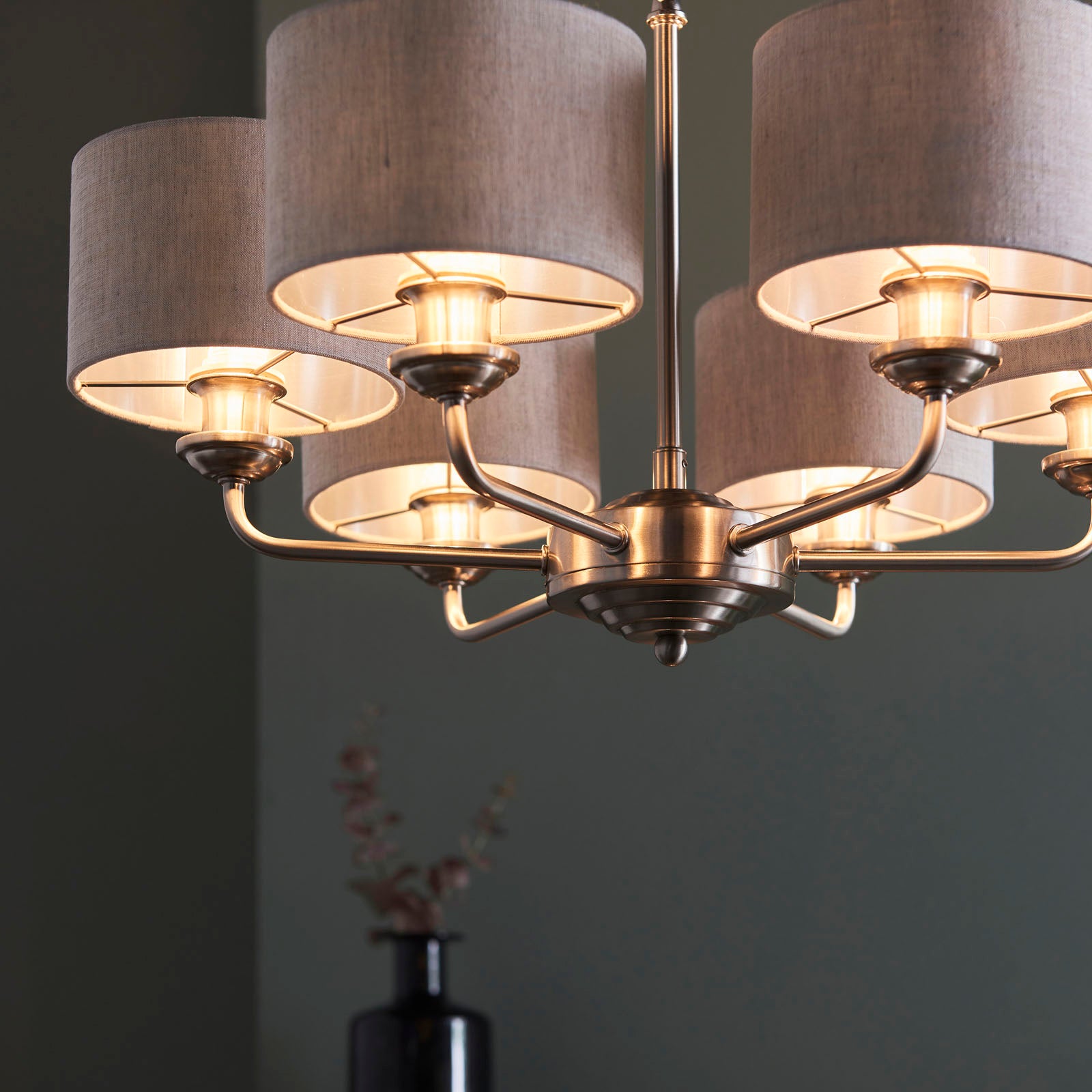 Highclere Brushed Chrome 6-Light Pendant Light with Natural Linen Shades