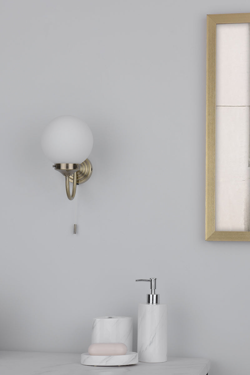 Barclay Bathroom Wall Light Antique Brass Opal Glass IP44
