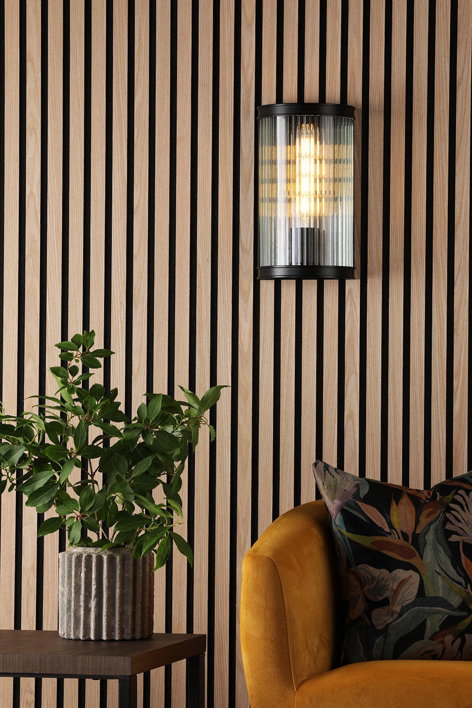 Bianka Wall Light Matt Black and Ribbed Glass