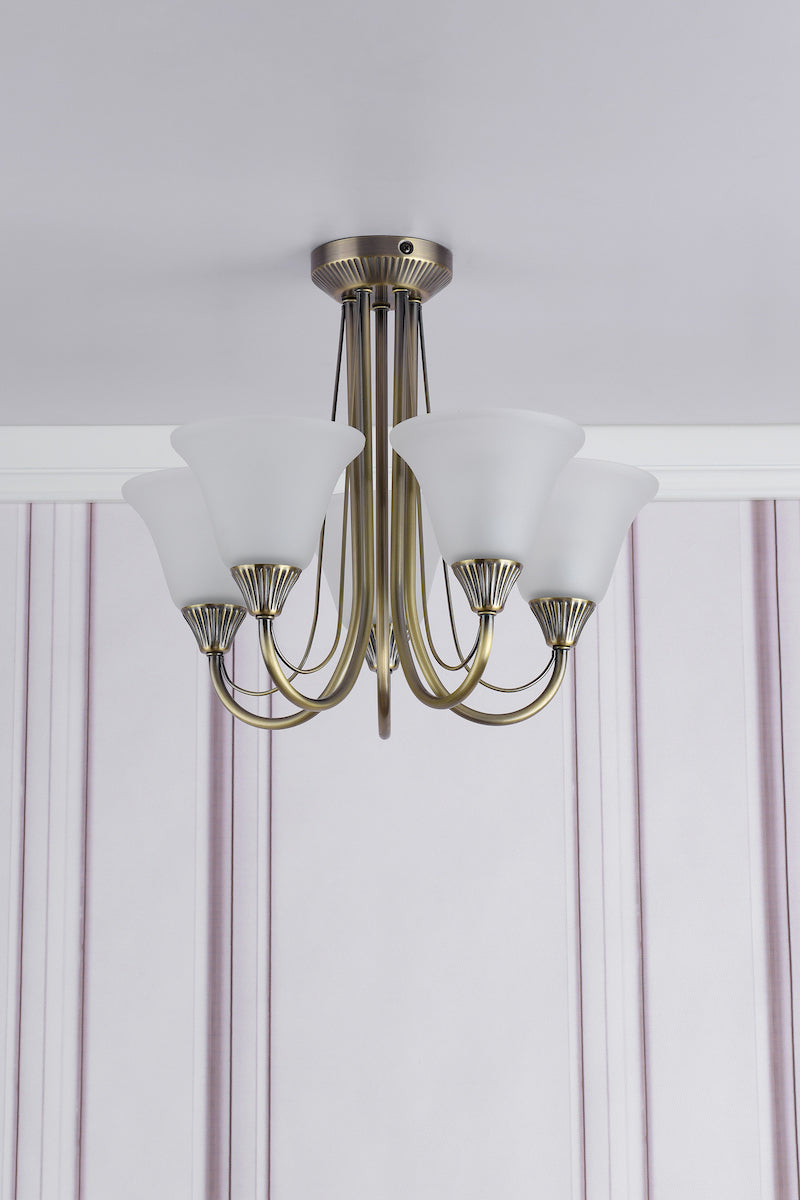 Boston 5 Light Semi Flush Antique Brass Opal Glass