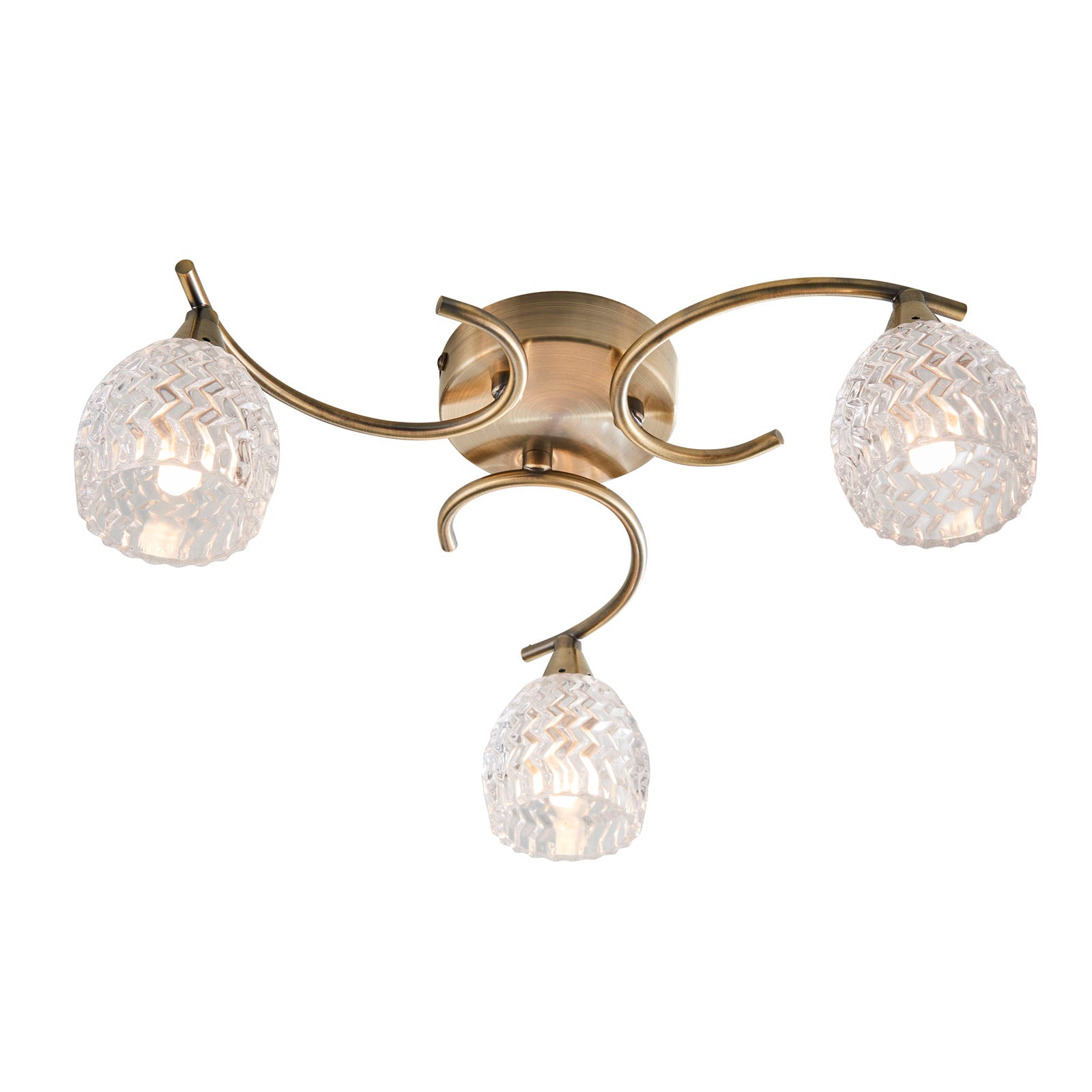 Boyer 3-Light Semi-Flush Mount: Antique Brass & Curved Arms (Cut Glass Shades)