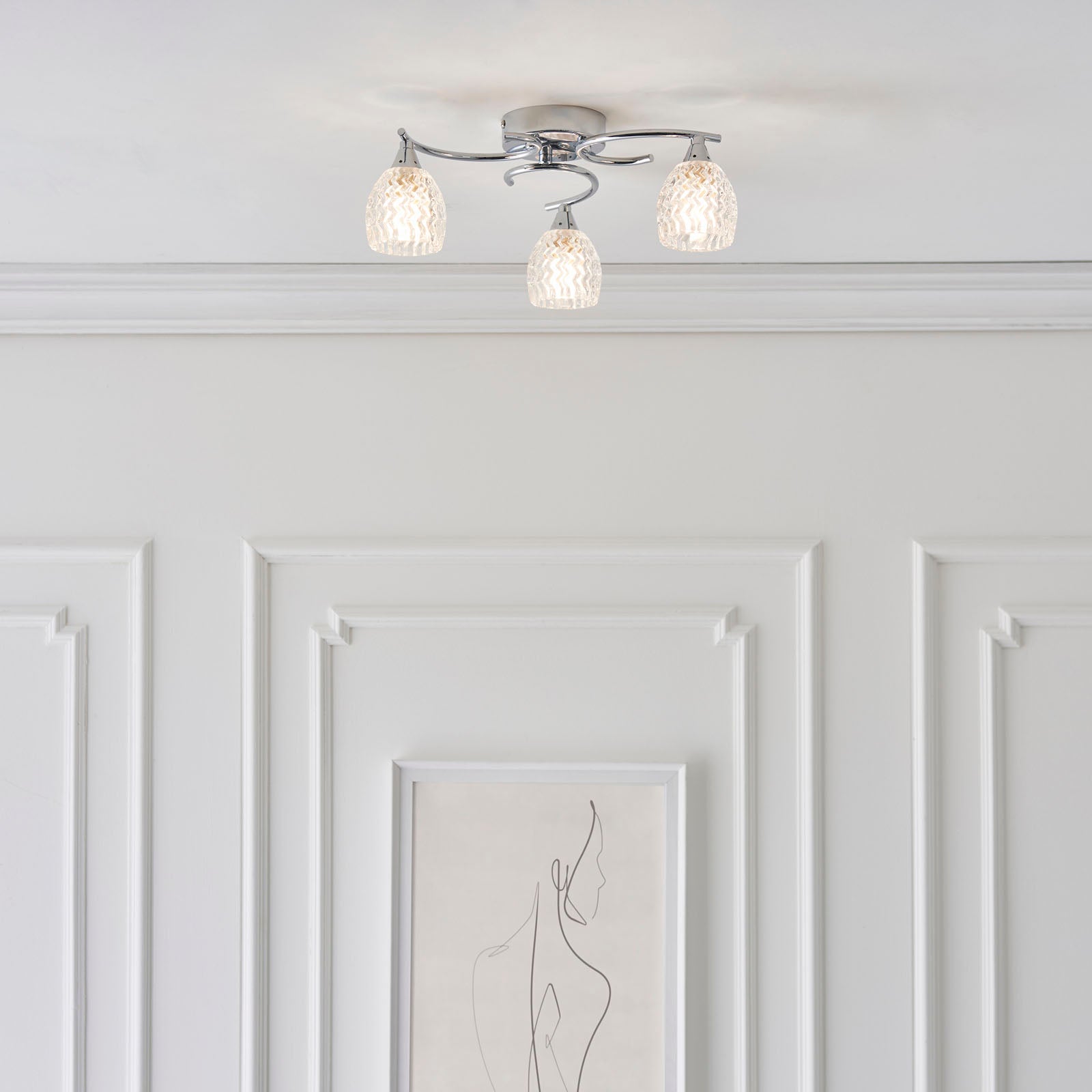 Boyer 3-Light Semi-Flush Mount: Chrome & Curved Arms (Cut Glass Shades)