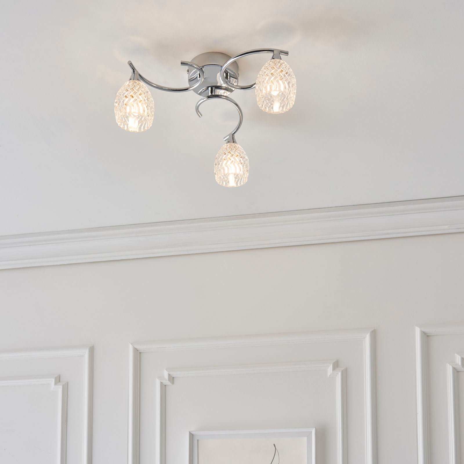 Boyer 3-Light Semi-Flush Mount: Chrome & Curved Arms (Cut Glass Shades)