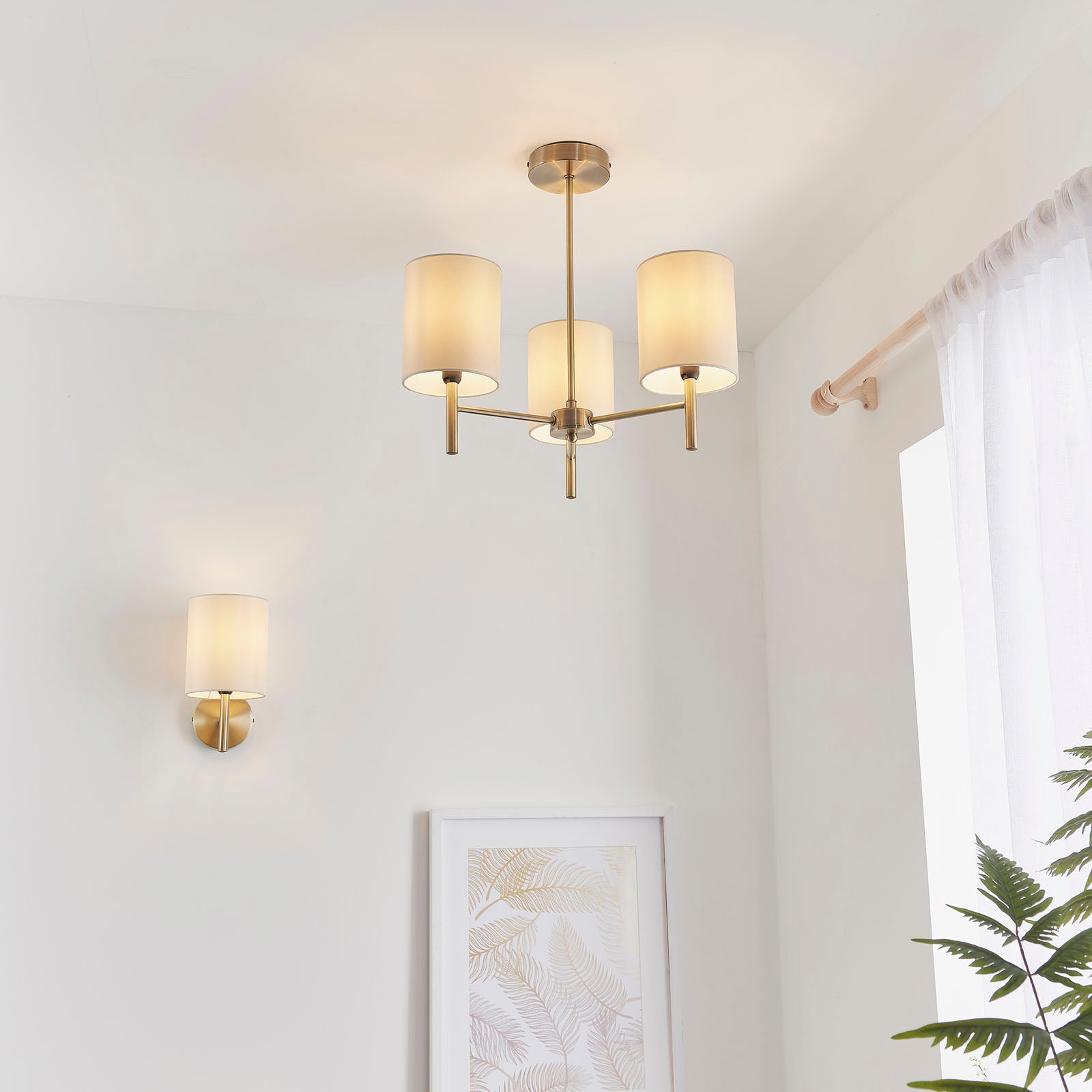 Brio 3-Light Semi-Flush Mount: Antique Brass & Cream Faux Silk (Dimmable)