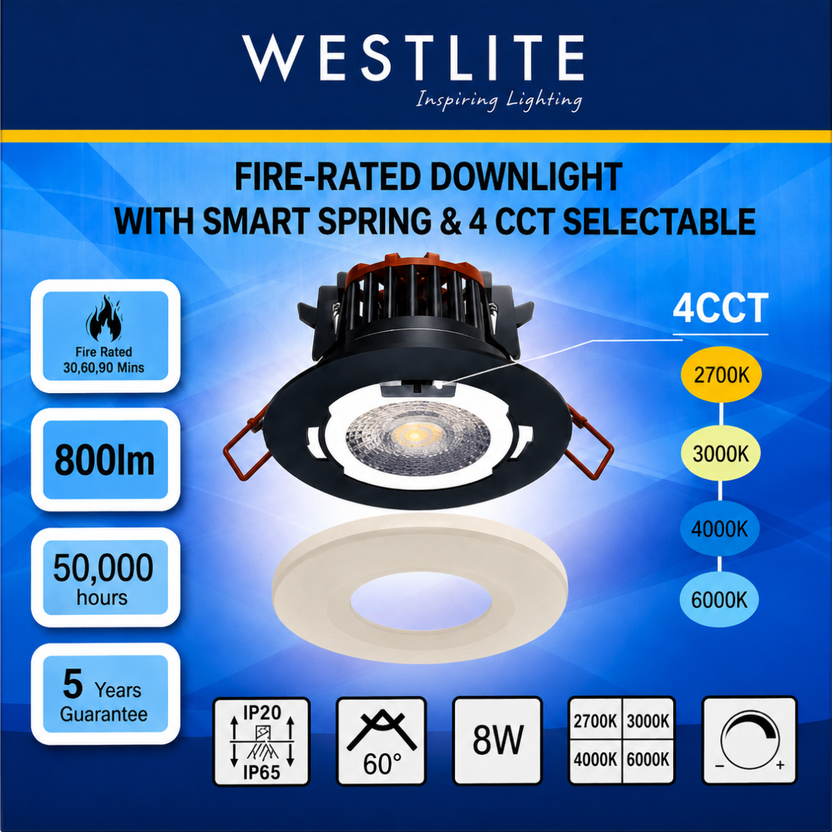 WDL8 - Fire Rated Downlight With Smart Spring & 4 CCT Selectable