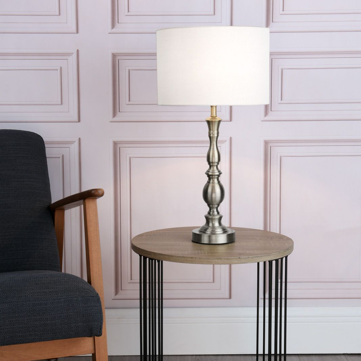 DAR Madrid Table Lamp Satin Chrome Fabric Shade