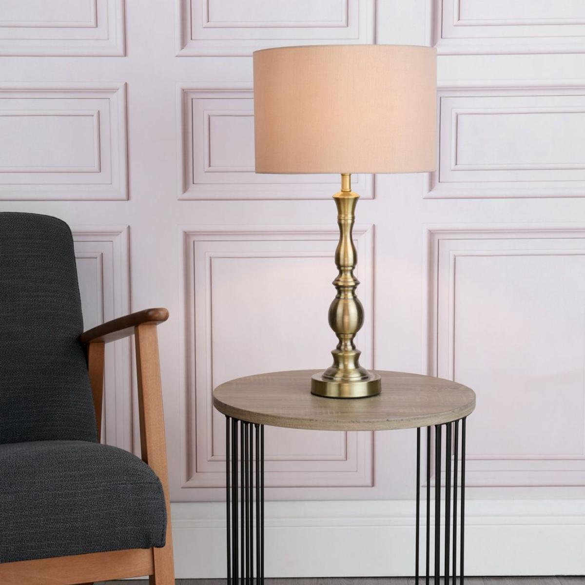 DAR Madrid Table Lamp Antique Brass Fabric Shade