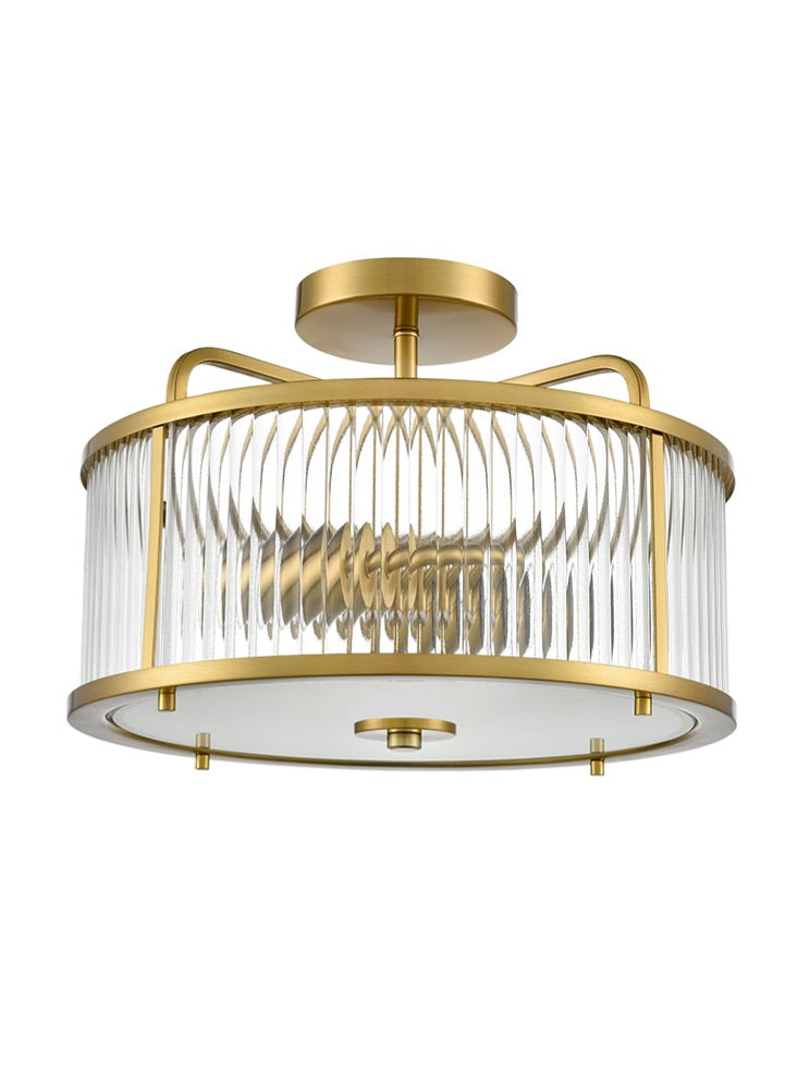 Franklite Bonham Semi Flush Ceiling Light Aged Brass Ribbed Glass