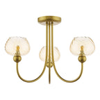 Cognac 3 Light Semi-Flush Satin Gold and Champagne Ribbed Glass
