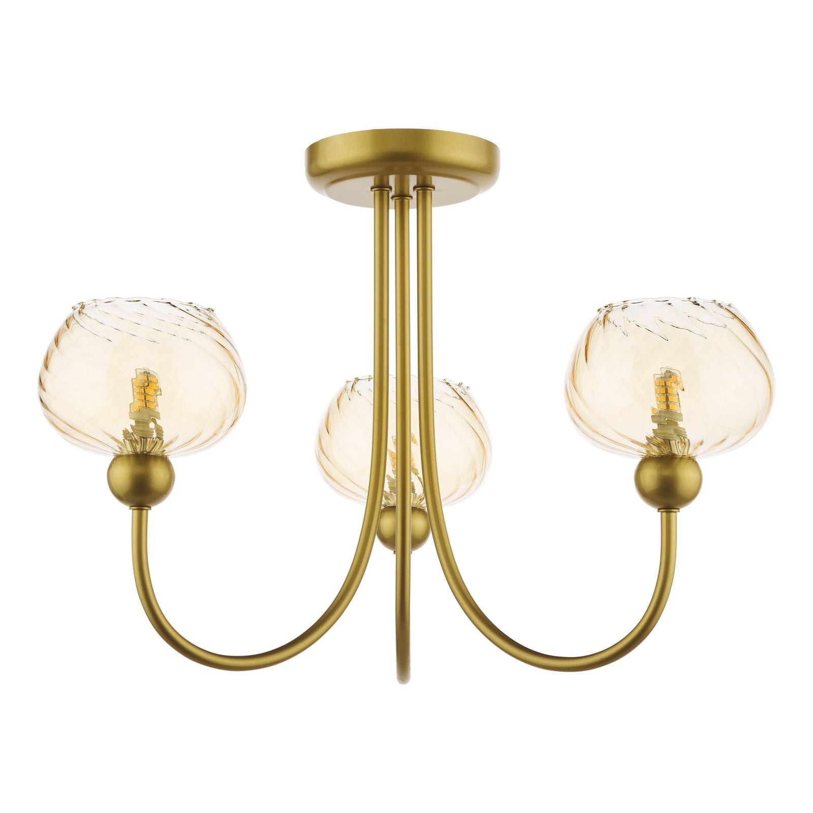 Cognac 3 Light Semi-Flush Satin Gold and Champagne Ribbed Glass