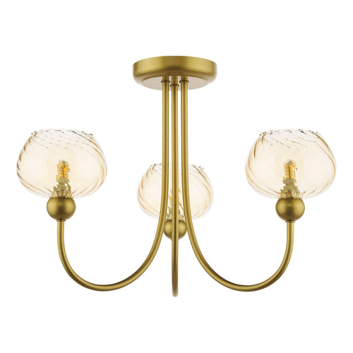 Cognac 3 Light Semi-Flush Satin Gold and Champagne Ribbed Glass