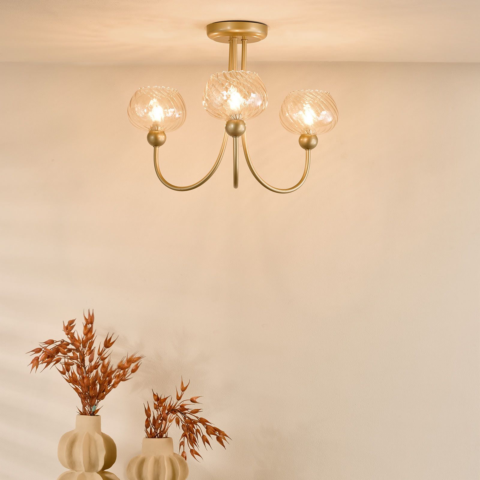 Cognac 3 Light Semi-Flush Satin Gold and Champagne Ribbed Glass