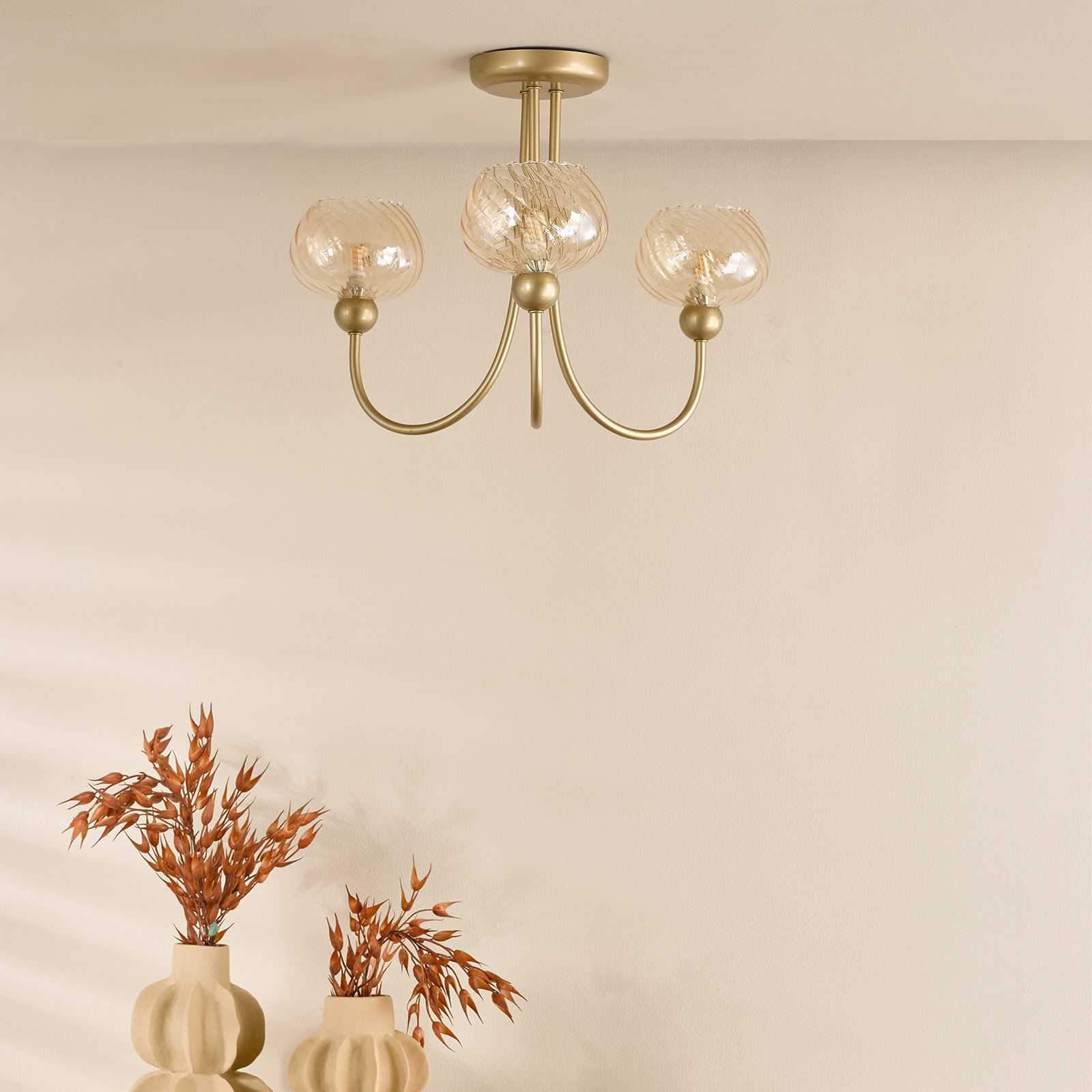 Cognac 3 Light Semi-Flush Satin Gold and Champagne Ribbed Glass