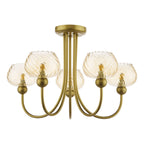 Cognac 5 Light Semi-Flush Satin Gold and Champagne Ribbed Glass