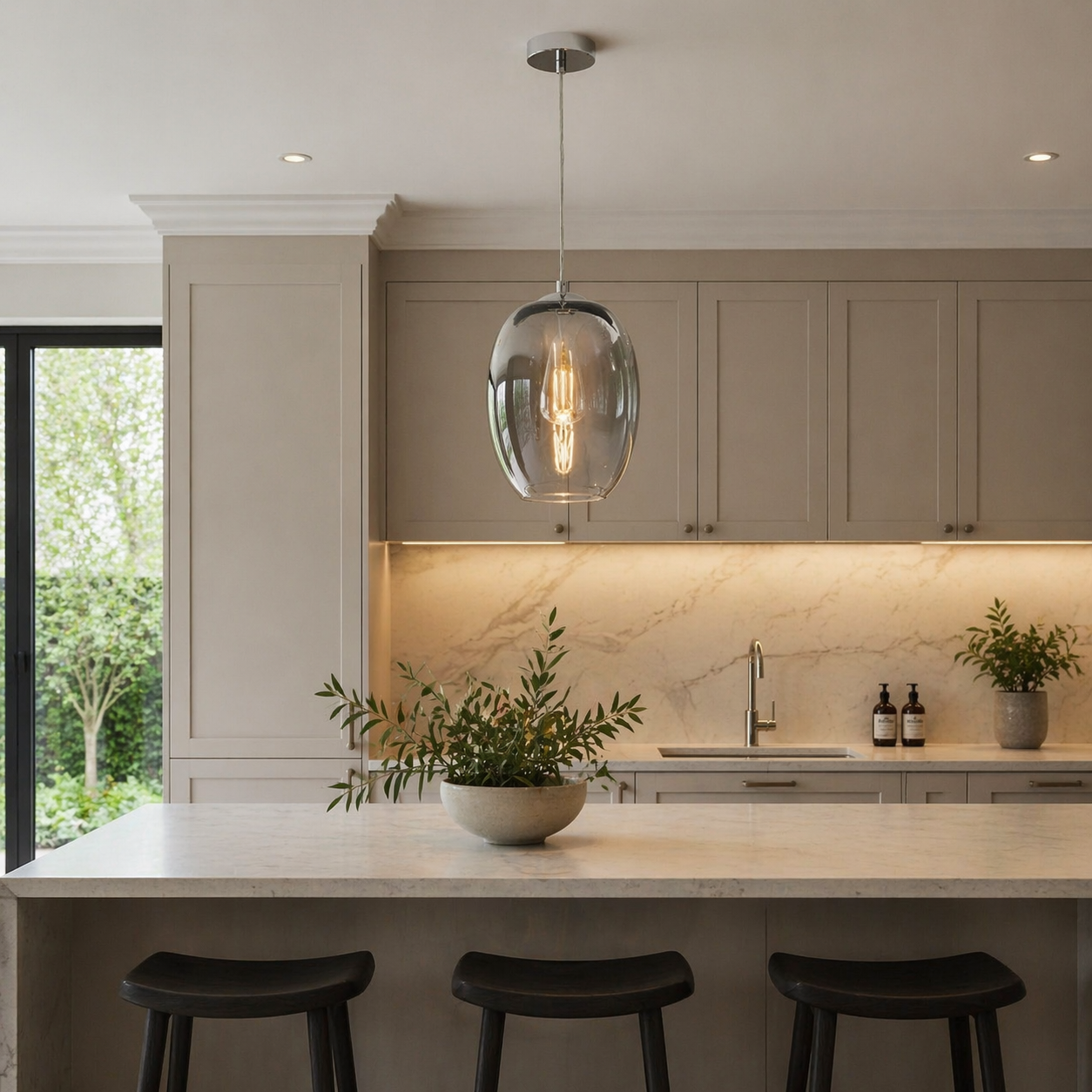 Silver ombre glass pendant light above kitchen island