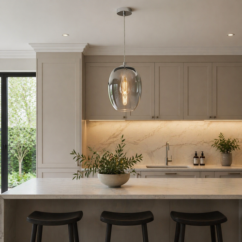Silver ombre glass pendant light above kitchen island