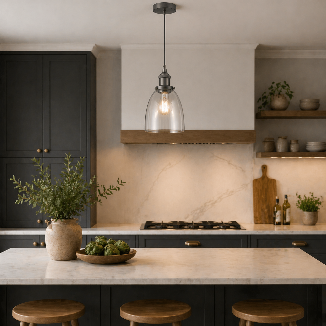 Glass pendant light with antique chrome finish in kitchen