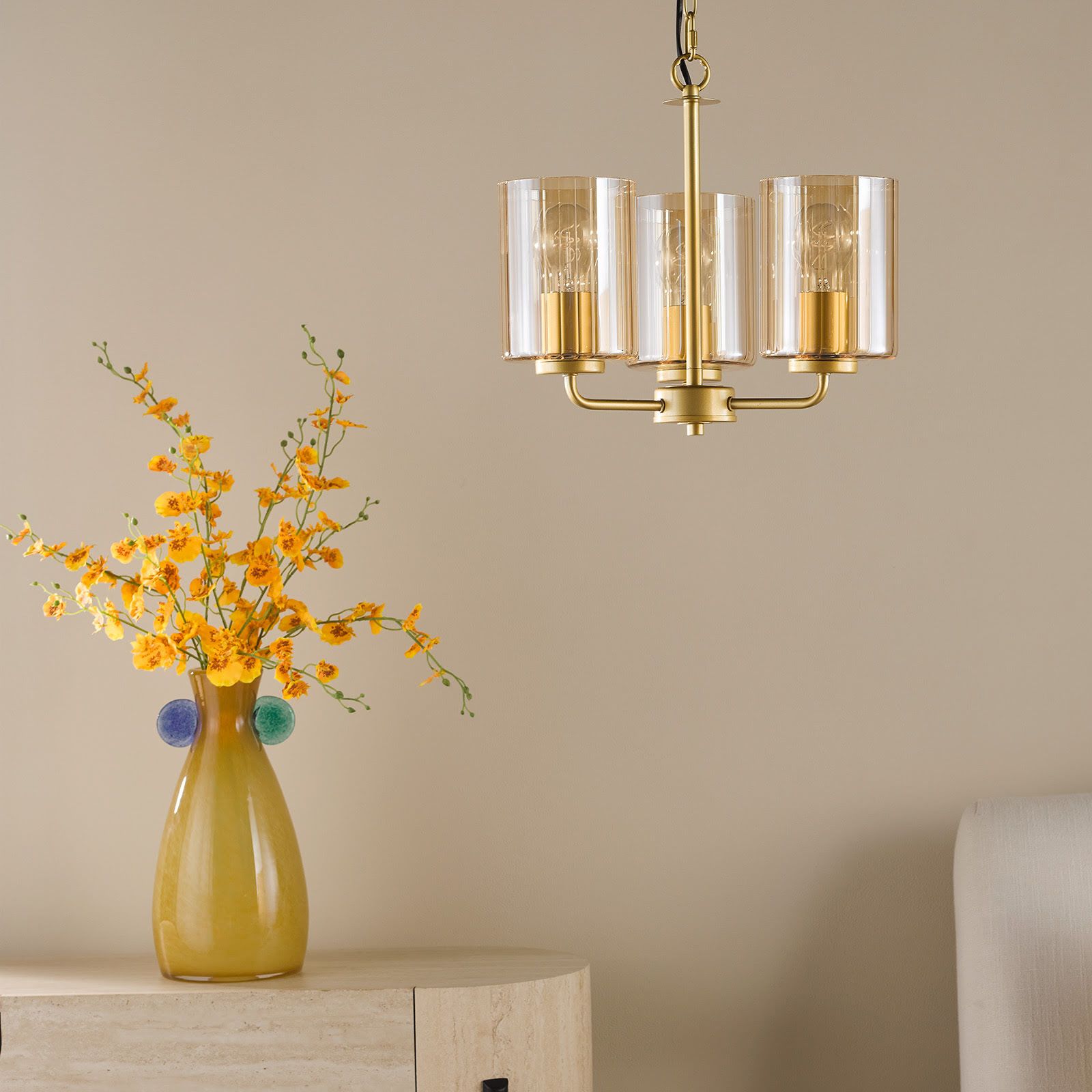 Daylin 3 Light Pendant Satin Gold and Amber Ribbed Glass