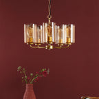 Daylin 5 Light Pendant Satin Gold and Amber Ribbed Glass