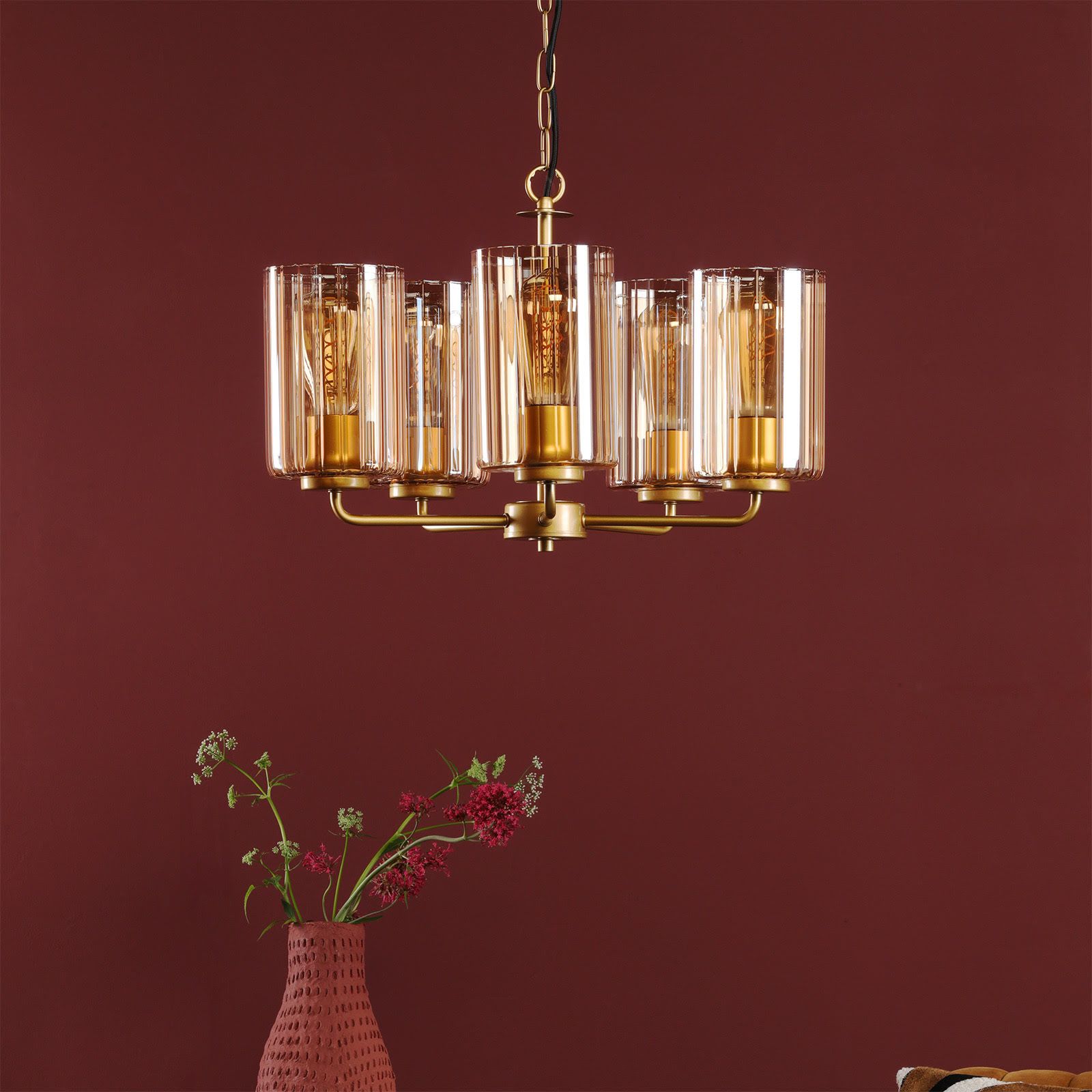 Daylin 5 Light Pendant Satin Gold and Amber Ribbed Glass