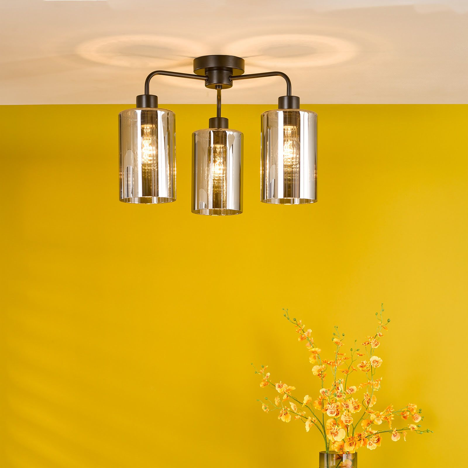 Daylin 3 Light Semi-Flush Satin Black and Smoked Ribbed Glass