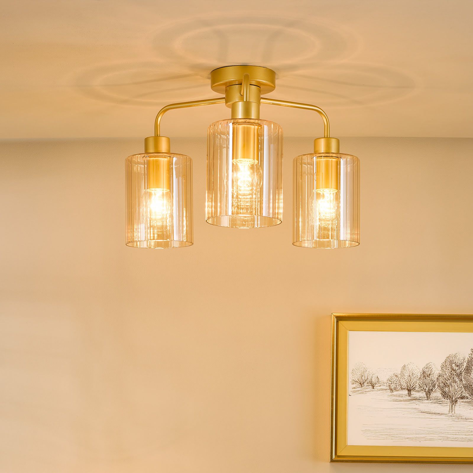 Daylin 3 Light Semi-Flush Satin Gold and Amber Ribbed Glass