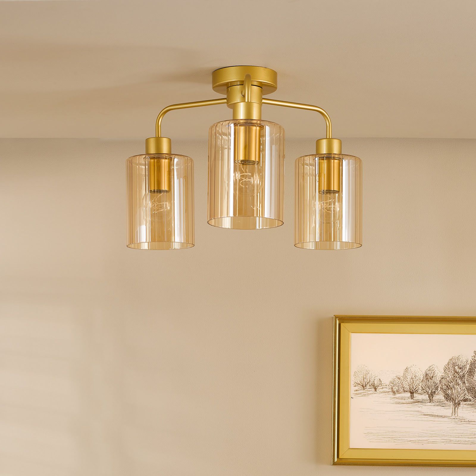 Daylin 3 Light Semi-Flush Satin Gold and Amber Ribbed Glass