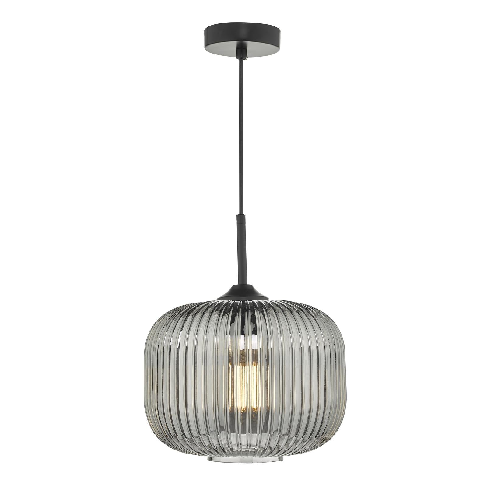 Matt black smoked glass pendant light hanging ceiling view