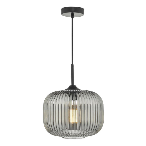 Matt black smoked glass pendant light hanging ceiling view