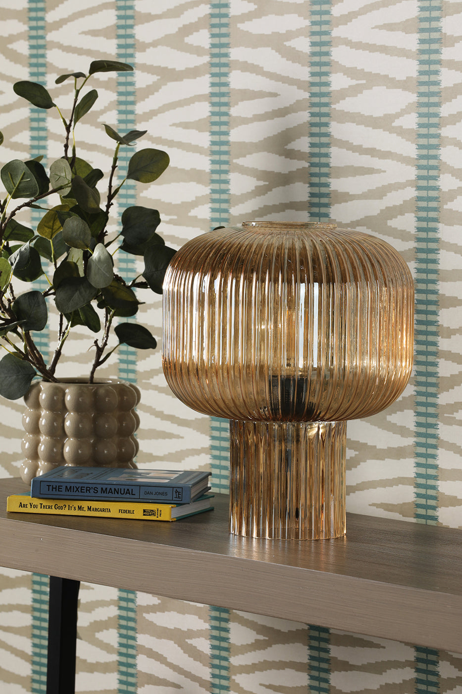 Demarius Table Lamp Amber Ribbed Glass