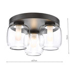 Edaline 3 Light Bathroom Flush Light Matt Black and Glass IP44