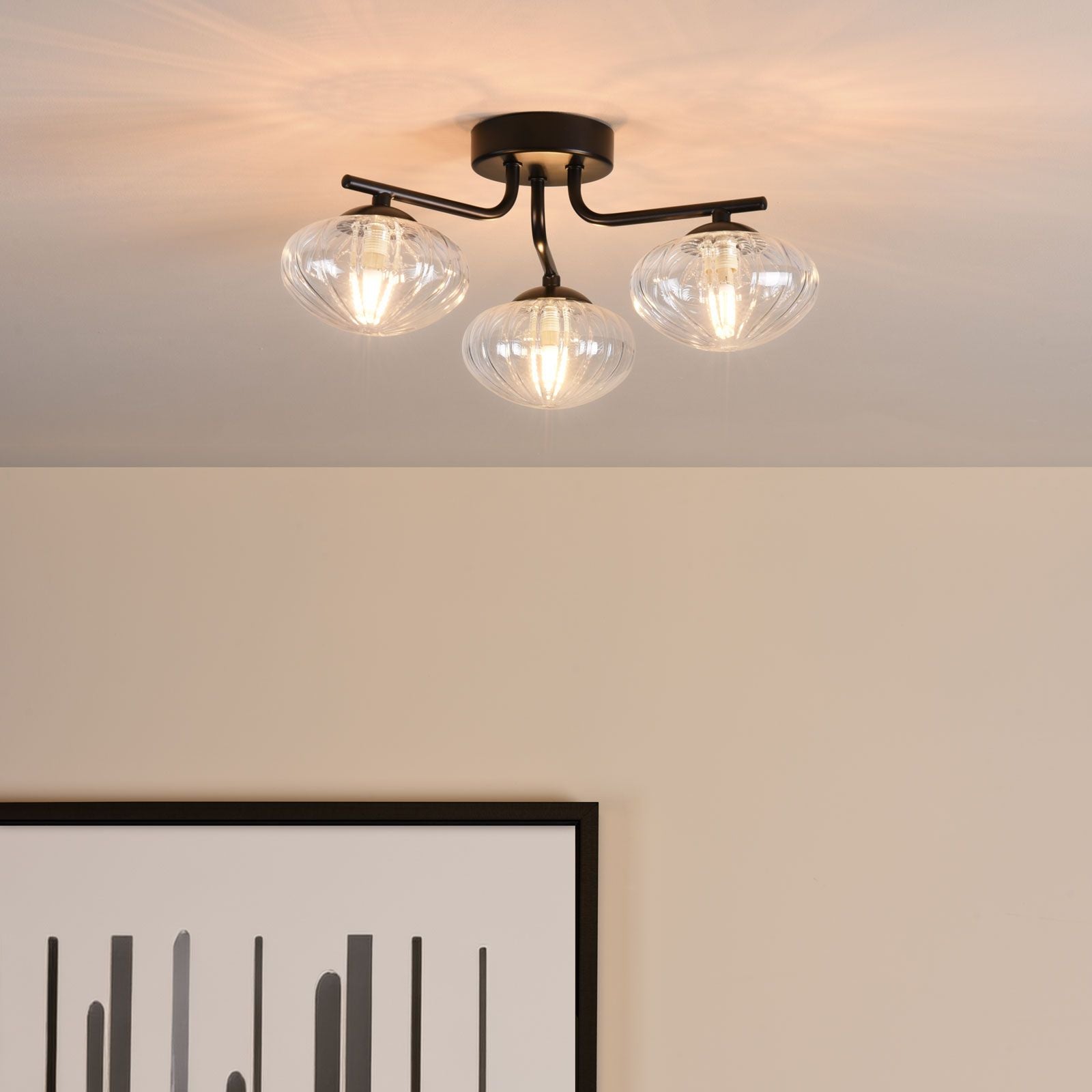 Ede 3 Light Semi-Flush Matt Black and Glass