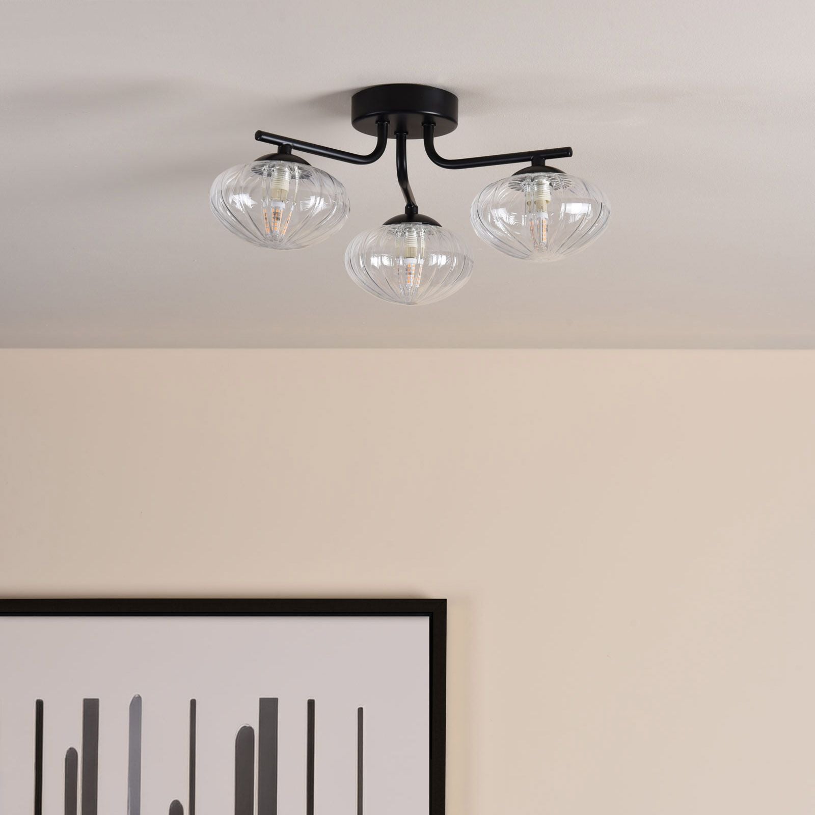 Ede 3 Light Semi-Flush Matt Black and Glass